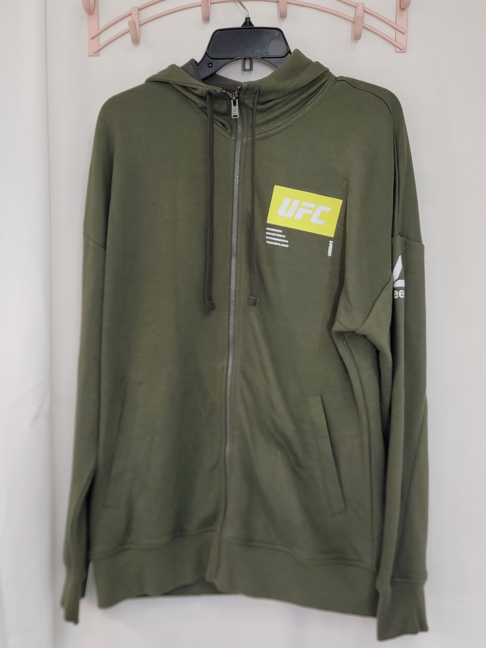 Reebok Men's Olive Green Full-Zip Hoodie with Yellow Logo
